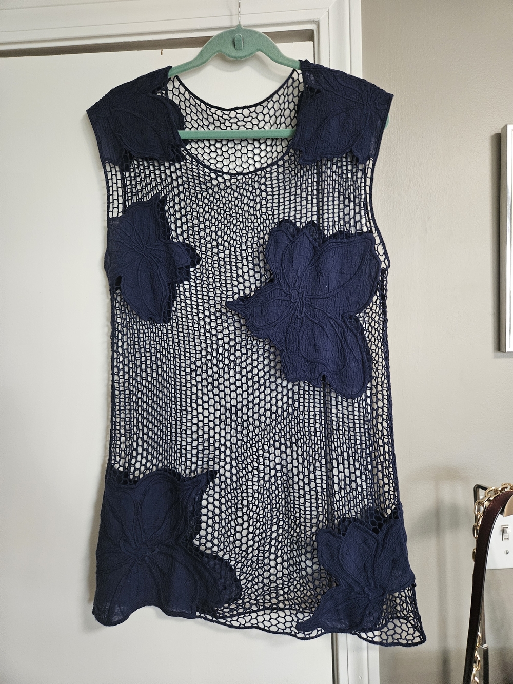 Tobi Navy Crochet Mesh Tunic with Floral Accents